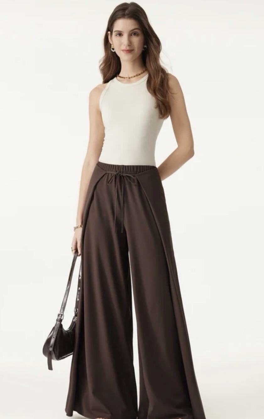 OGL Bamboo Ponte Wrap-tie Pants Brown Wide Leg Pockets Women's Size L Boho Yoga